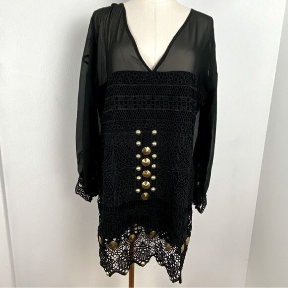 Ixiah Black Crochet Lace Mesh Tunic Dress Witchy Whimsigoth Fairy Grunge Size 8 - Picture 1 of 10